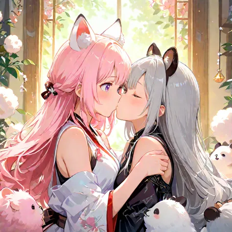 A girl with fluffy pink hair and semi-long dog ears and a girl with silver bob cut and panda ears are kissing