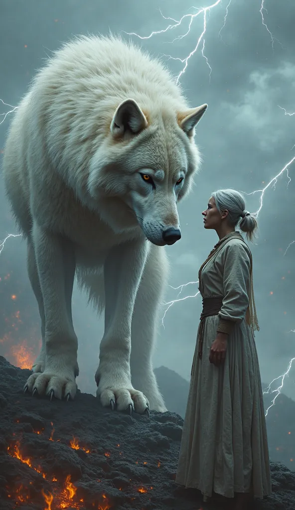 A very huge white wolf is on the burning ground、１A human gray-haired woman is standing in front of a giant white wolf's face、A lot of thunder envelops the White Wolf、4K images、 real 