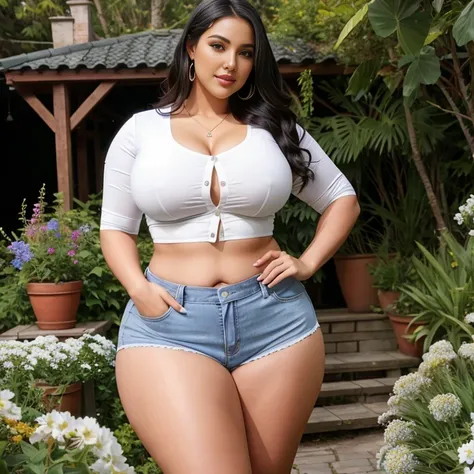 a woman in a white skirt ,and blue shorts ,sta nding in front , beautiful gaden, plus size, plus-sized, gorgeous female, curves!!, avatar image, prom o still, fanart, widest hips, plus size woman, cur vy model, skinny waist and thick hips, tight attir e, a...