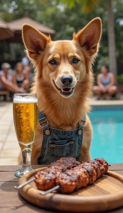 a typical Brazilian mixed-breed dog with caramel color and shaved fur, wearing farmer's overalls, He is with other caramel dogs drinking beer near a pool, you can see other dogs, you can see people in the background, besides the beer, there are meat skewer...