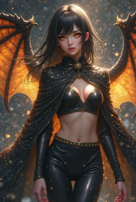 alone,  anime girl ,  dragon girl ,  dragon wings on black and gold back, medium black hair ,  golden eyes,  fair skin, black and gold cape,  black and gold clothes ,  black pants.
