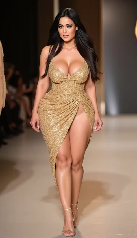 milf,milky white skin body,thick and voluptuous body, round tits,curvy hourglass body,wide ass,((SFW)),((Wearing golden glittering slitted gown at thigh exposing cleavage)),black messy long hair,(( walking on ramp on a catwalk)),body shot,highly ultra real...