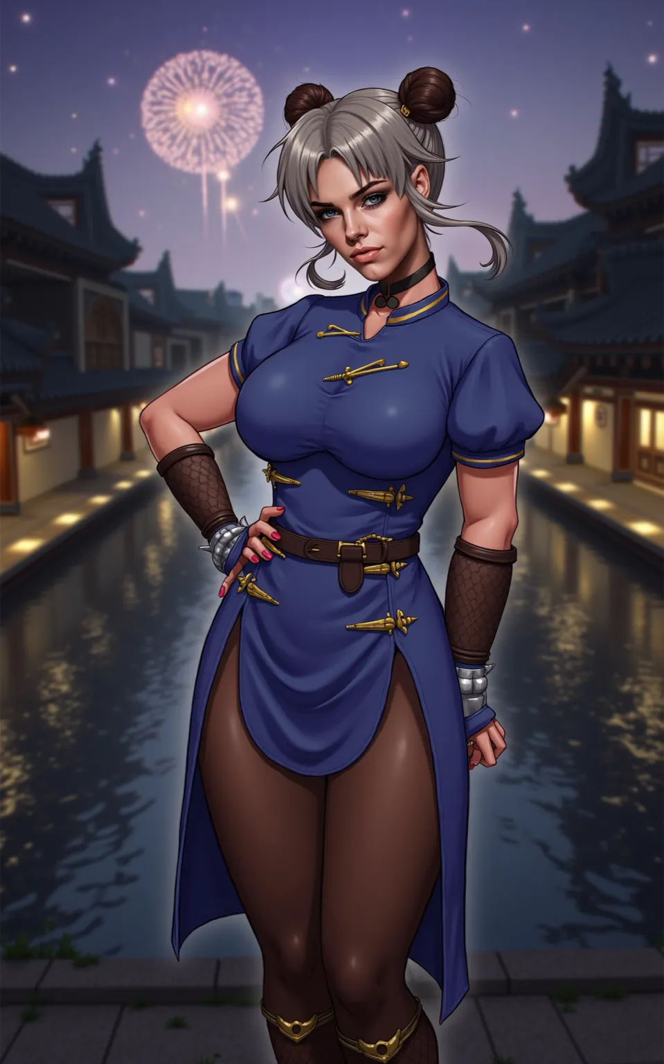 masterpiece, best quality, highres, 
(contrapposto)Original Costum ChunLi from street fighter game, 
1girl, chun-li, short silver punk hair , red eyeshadow, hair ornament, bun cover, double bun, (thick thighs), sexy female, lipstick, makeup, legs, 
blue dr...