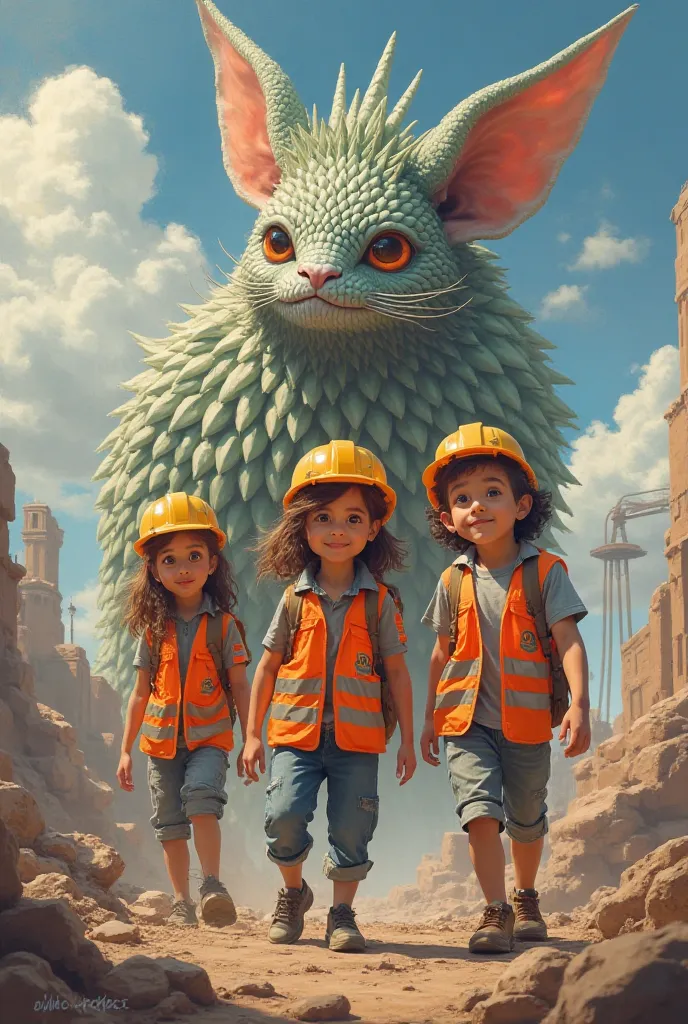 A group of friends wearing construction vests and helmets with a Conalep in the background

