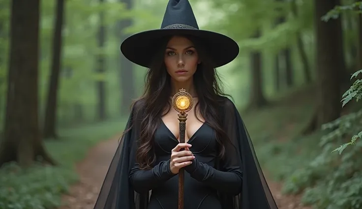 full body display、Magician Woman、18-year-old、Big black hat、The top of the hat is high、Black Cape see-through、Black bodysuit、More exposed skin、Beautiful Face, long hair、He is chanting a spell with a serious face.、The body is facing forward、holding a staff w...