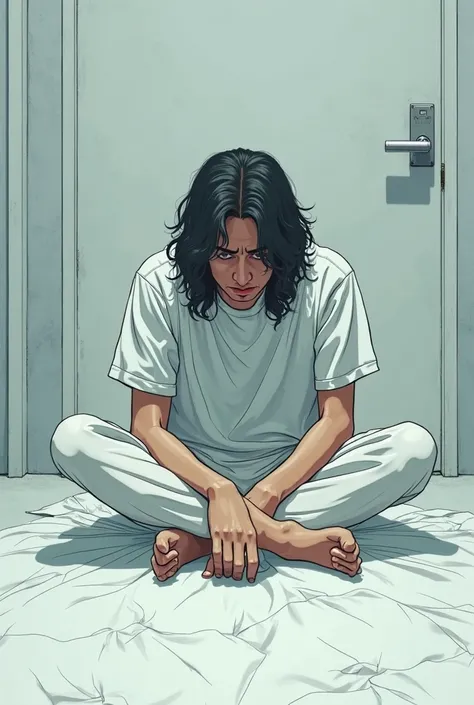 A latino man with long wavy hair wearing a hospital gown is sitting tired on the floor of a white padded room, anime art style