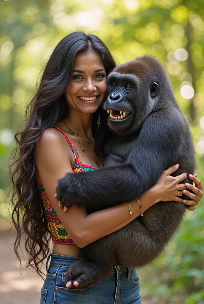 "A cheerful Indian woman with long, dark hair, wearing a stylish, colorful top and well-fitted jeans, warmly hugging a happy gorilla. The gorilla has a joyful expression, with its mouth slightly open as if it's smiling. The woman’s arms are wrapped around ...