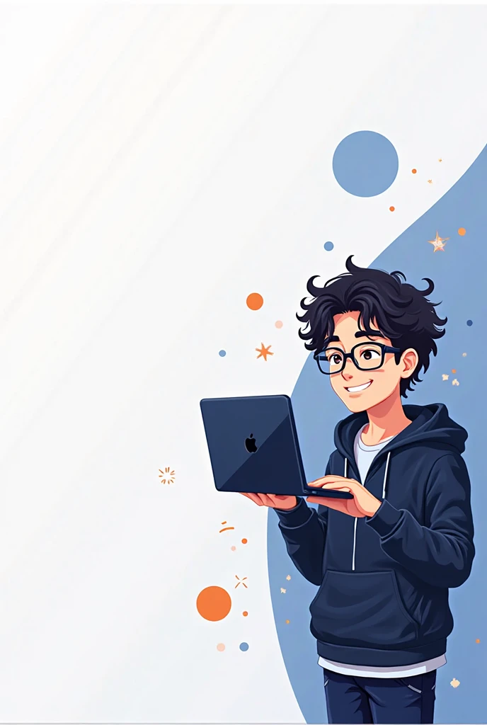 A digital marketing-themed poster with a clean and modern design. The background is predominantly white with navy blue elements. On the right side, there is a stylized anime-style male character with curly dark hair, glasses, and a hoodie, holding a laptop...