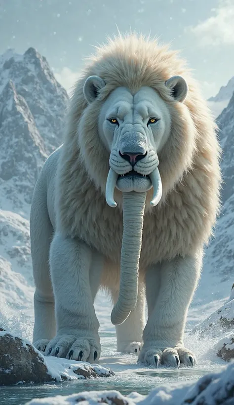 A majestic lion with ivory fangs, furry polar bear skin and an elephant trunk. Its paws are amphibious, allowing it to swim like a seal and run like a cheetah. Its eyes sparkle like northern lights