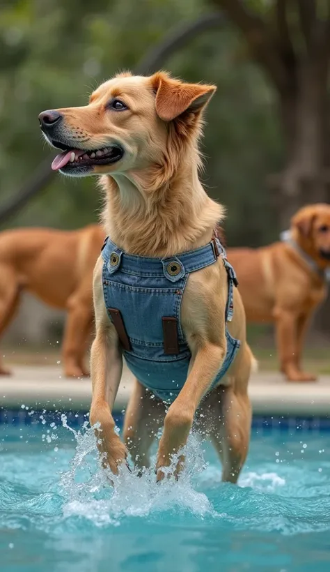 a typical Brazilian mixed-breed dog with caramel color and shaved fur, wearing farmer's overalls, He is with other caramel dogs, he jumps into the pool, profile image
