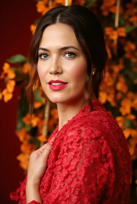 best quality, highres, 8k, masterpiece, photography, detailed midbody photorealistic portrait. Mandy Moore is dressed in a vibrant deep red qipao, a traditional color for Chinese weddings symbolizing good fortune. The fabric is rich red silk, with intricat...