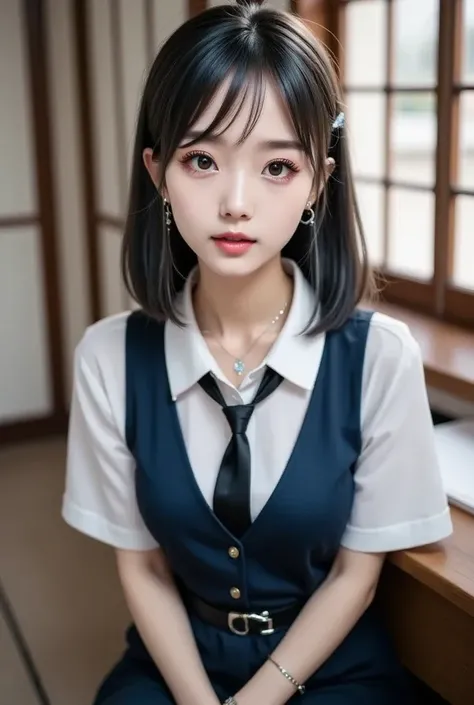 Highest quality, Super Detail,, High Resolution, 8k,wallpaper,  perfect dynamic configuration, photos、reality、
( school classrooms、Desk by the window）、
（shirt、Black tie、 blue vest、 tight slim pants、Close to the body）、
(hair、 black、Smooth、bob cut、）、
( Korea...