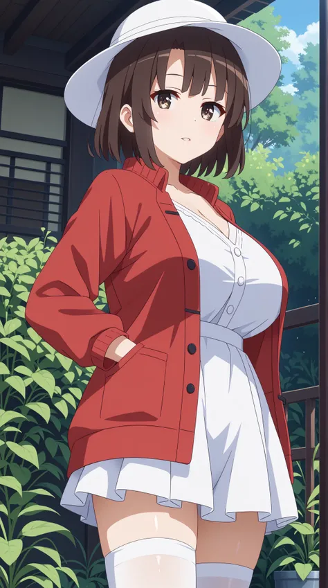 (UHD, retina, masterpiece, accurate, anatomically correct, super detail, high details,   highres, 1080P, 16k、high detail RAW color art:1.3)、 (megumi katou:1.3)、(short hair、brown hair, brown eyes:1.3)、、(very gigantic breasts:1.5)、(shiny skin:1.3)、(jacket, l...