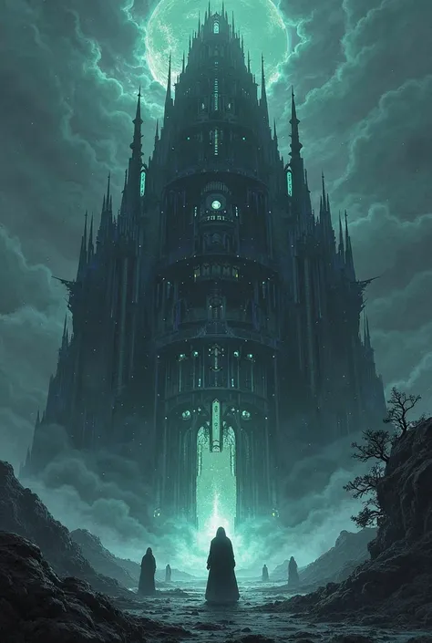 We see from the outside a gigantic structure covered by a wall of black energy,This is a witchcraft school. manga style . Dark and dark colors.