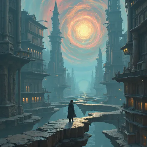 A surreal cityscape where the buildings bend and twist unpredictably, reflecting the chaotic nature of the day. In the center, a person stands on a floating platform, surrounded by shifting pathways leading in multiple directions. Some paths vanish mid-air...