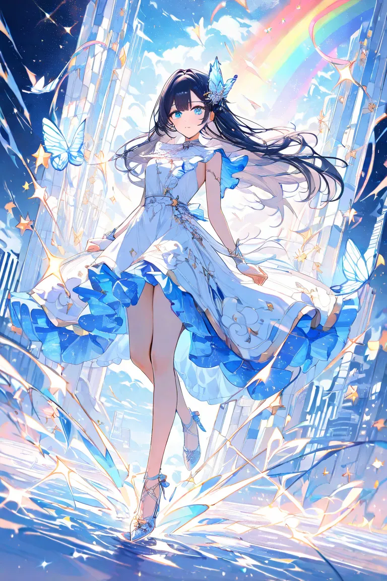 masterpiece,Highest quality,Super Detail,8k,full body　 girls on the left　long black hair　 blue eyes　 eyelashes　cute　 lily of the valley　butterfly　 white ruffle dress held downwards　Dynamic Angle　universe　star　 glitter　 auroras　Rainbow