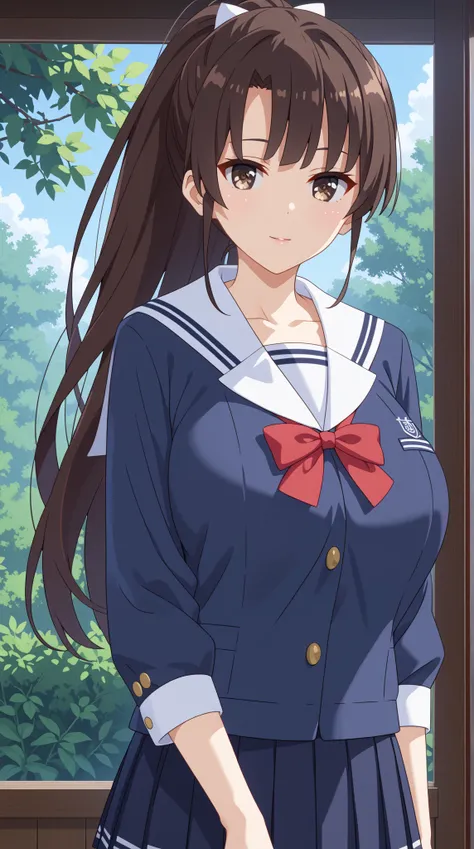 (UHD, retina, masterpiece, accurate, anatomically correct, super detail, high details,   highres, 1080P, 16k、high detail RAW color art:1.3)、 (megumi katou:1.3)、(long hair, ponytail, brown hair, brown eyes:1.3)、(very gigantic breasts:1.5)、(shiny skin:1.3)、(...