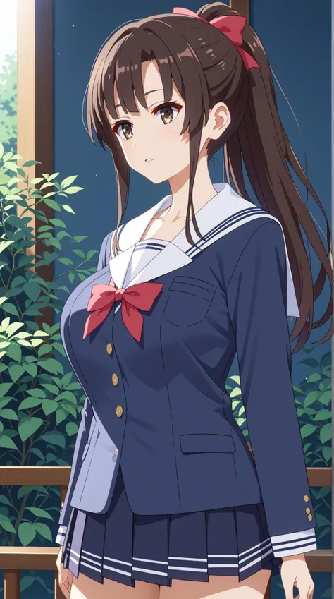 (UHD, retina, masterpiece, accurate, anatomically correct, super detail, high details,   highres, 1080P, 16k、high detail RAW color art:1.3)、 (megumi katou:1.3)、(long hair, ponytail, brown hair, brown eyes:1.3)、(very gigantic breasts:1.5)、(shiny skin:1.3)、(...