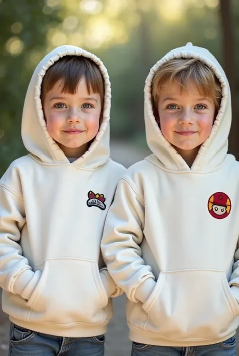 Realistic photo of boys wearing white hoodies with patches 