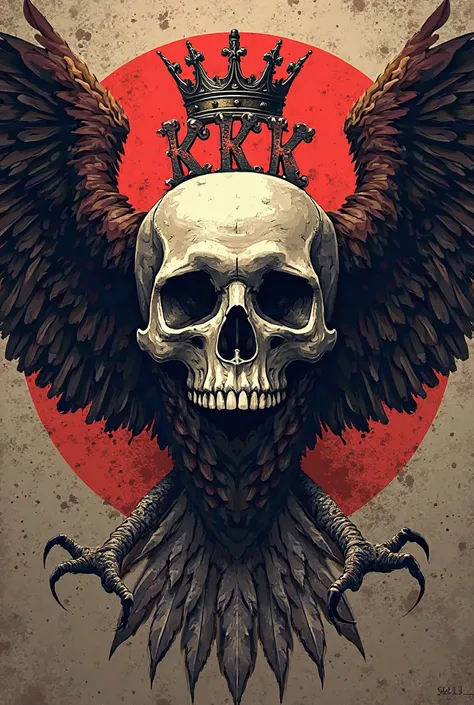 Take on the roles of a professional graphic artist. Create a logo depicting the letters KKK and a crown above them on a skull background. In the background behind the skull is a white-tailed eagle with outstretched wings and sharp claws. Poniżej czaszki sk...