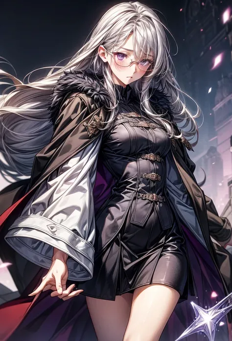 Long silver hair, violet eyes, medium breasts, glasses, spellcaster, coat, tall, blush, no expression. 