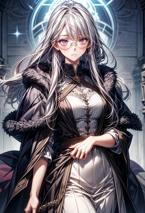 Long silver hair, violet eyes, medium breasts, glasses, spellcaster, coat, tall, blush, no expression. 