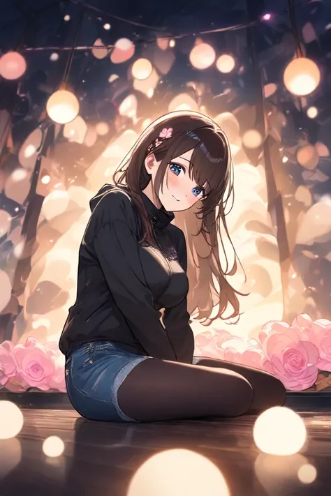  exercise sitting　Drunk 　 long brown hair　  pink flower hair ornament  　 medium breasts　pink heart sign　 　 embarrassing　  denim hotpants　 black tights　 Black Down Jacket　 blushes, smiles, 