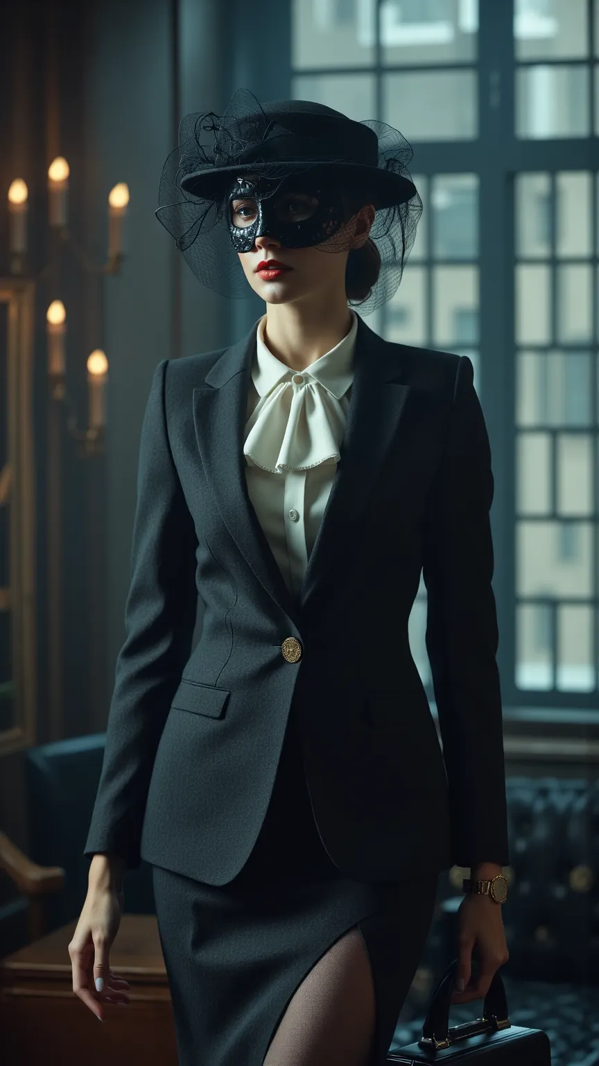 A highly detailed, ultra-realistic portrait of a powerful female mafia lawyer, exuding confidence and mystery. She wears a perfectly tailored charcoal-grey power suit, with sharp lapels, a cinched waist, and a high-slit pencil skirt, paired with sheer blac...