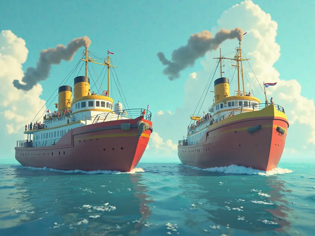 Two huge boats in the middle of the sea, one common citizen in one and prisoner in the other, both boats are in timing bombs, people standing on the deck are in dilemma, the clown from a distance is watching everything from a high building. " 3D cartoon an...