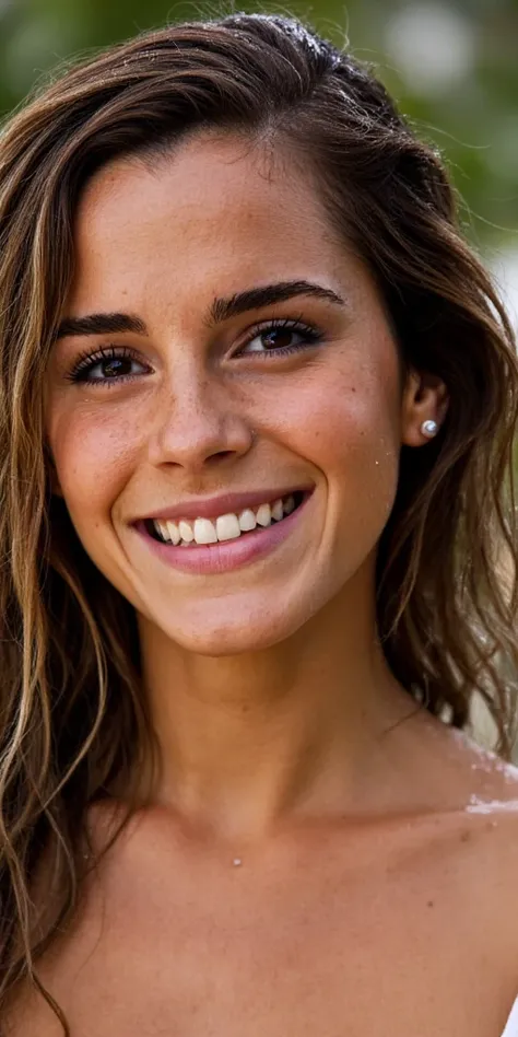 Hyper realistic eye level exterior photo Create a photorealistic, healthy Brazilian female model in her early 20s. Water cascades onto her hair and face, leaving glistening droplets and streams elegantly flowing down her skin. She wears a subtle, satisfied...