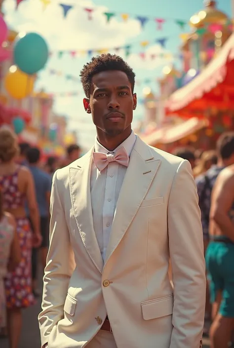 A white suit bow tie with a color palette in the middle of carnival
