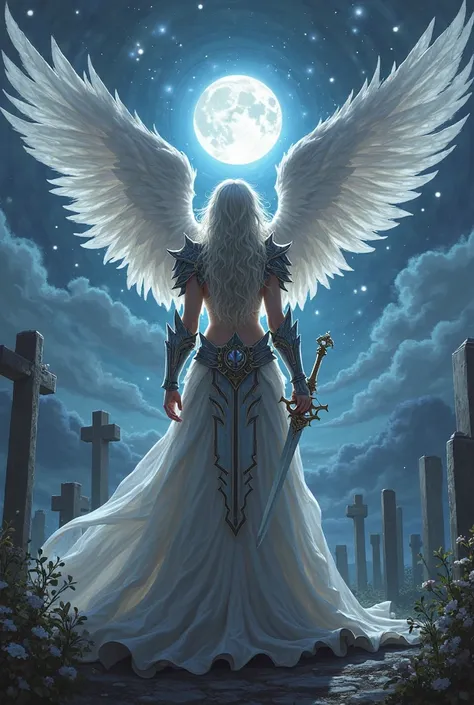 an epic fantasy art portrait of aasimar, female, paladin ready for battle under the full moon, holy warrior, spread large feathered wings, majestic wings, white angelic wings spread (Masterpiece, intense details: 1.5), moon light, moon, stars, clouds, holy...