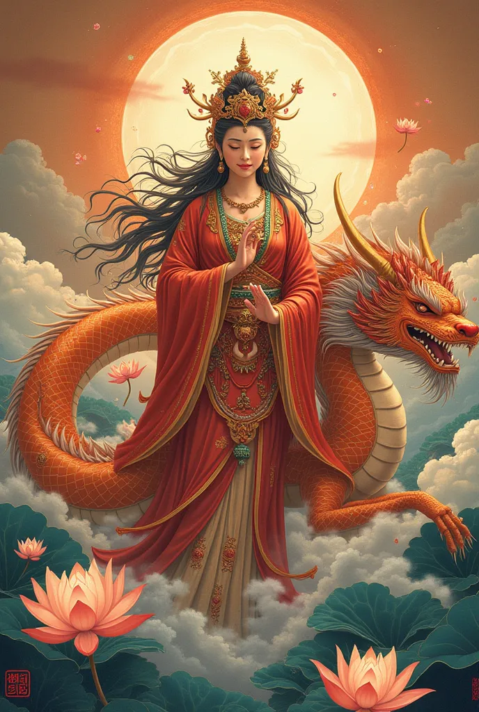 an ancient Chinese goddess, guanyin of the southern seas, Guanyin, Inspired by China, Avalokiteshvara rides a Chinese dragon, Chinese qilin, Chinese Phoenix, Chinese Kui, Chinese Baize, Serene expression,shui mo hua,Buddha, Buddhist, Lotus, Chinese digital...