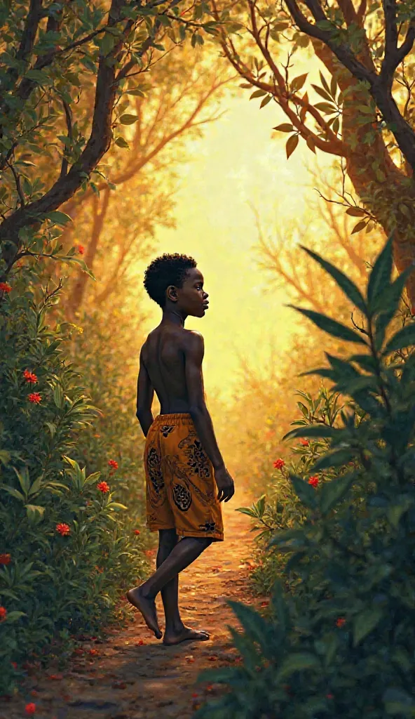 *Visual 5**  
"Illustrate a transformative scene with Kofi, the young African boy (noir africain) now with a reflective and determined look, retracing his path through a sunlit, mystical bush. Emphasize his internal growth as he learns from the wise words ...