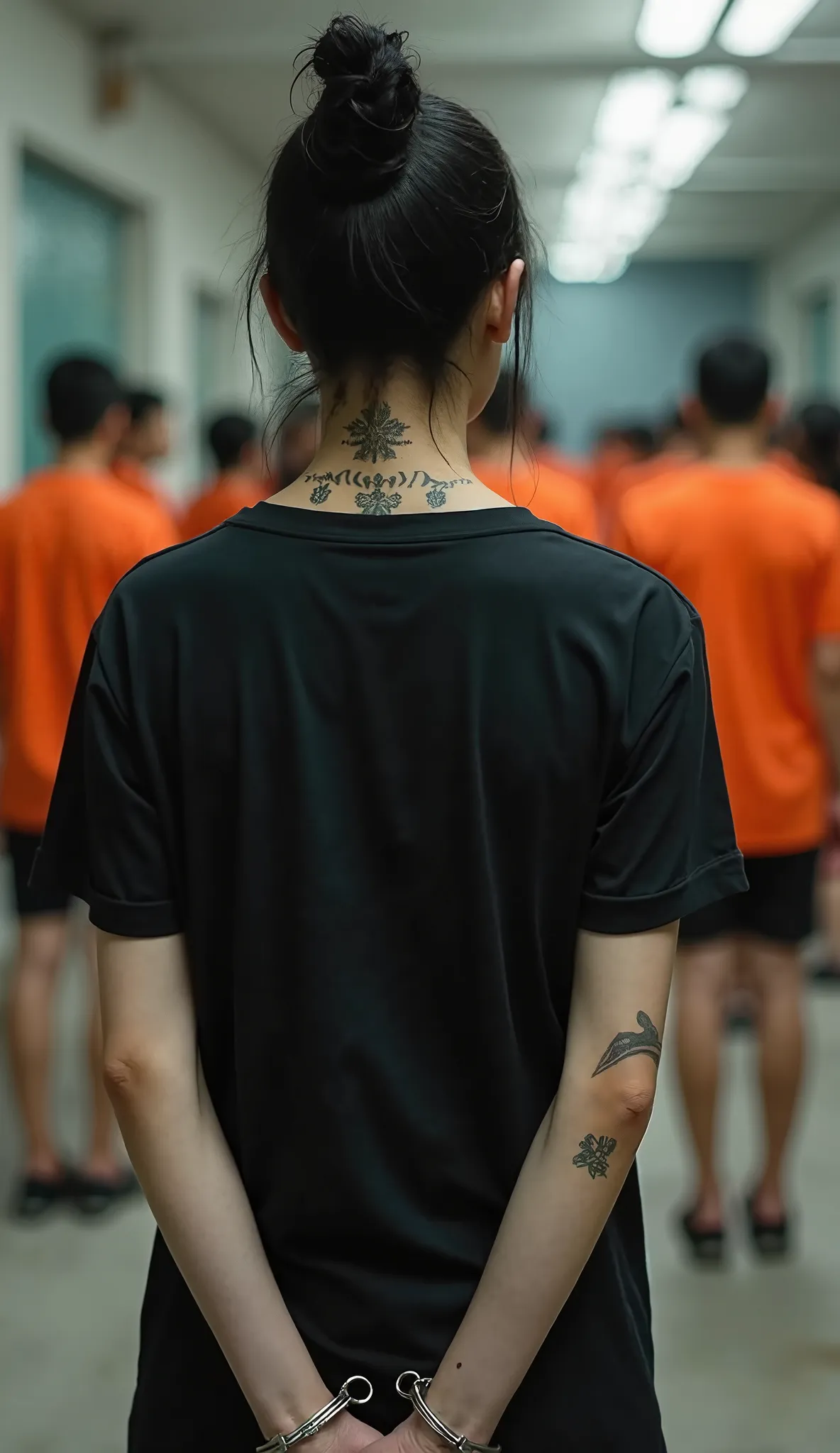 mock up black back view t-shirt with korean female model,  wear short jeans, has tattoos on the back neck and hands, both hands cuffed to the back, Indonesian police prison background, many people wear orange shirts and orange shorts. t-shirt clearly visib...