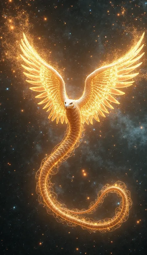 A colossal serpent with eagle wings made of golden light. Its translucent body reflects constellations and, When flying , its tail draws maps of the future in the sky