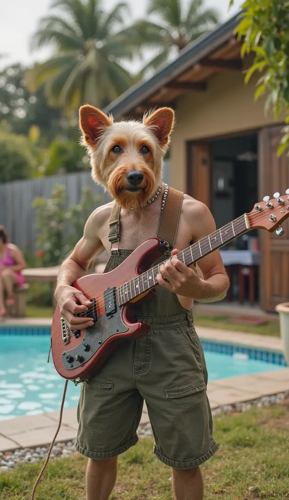 a typical Brazilian mixed-breed dog with caramel color and shaved fur, wearing farmer's overalls, He is in the backyard of a house, you can see a swimming pool, other people in the background, he is playing the guitar.
