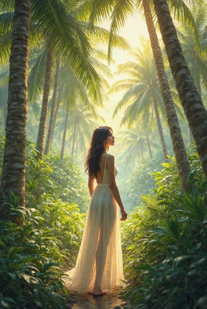 Create a picture of a woman in a coconut garden