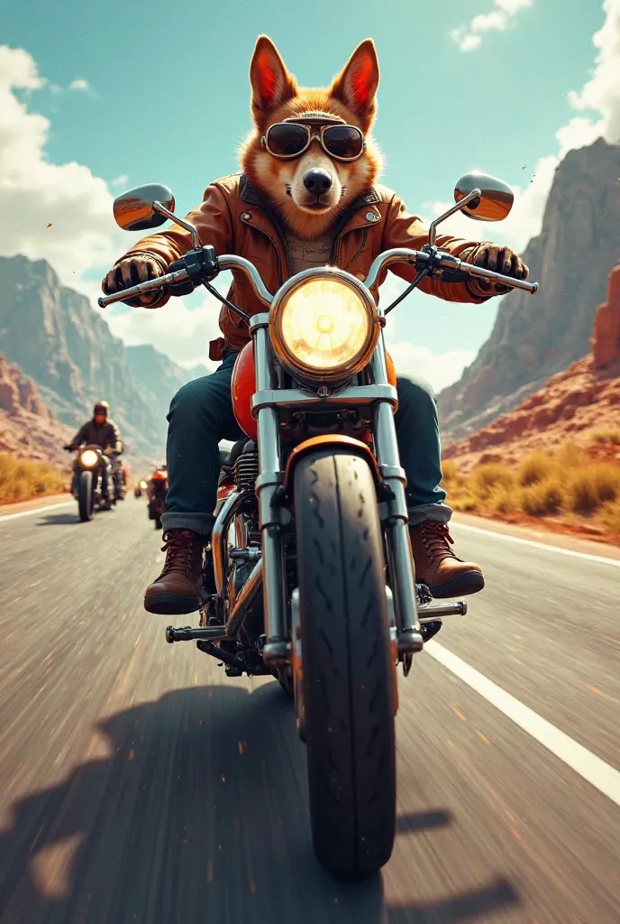 The dog Baldako driving a motorbike on the highway , followed by other bikers