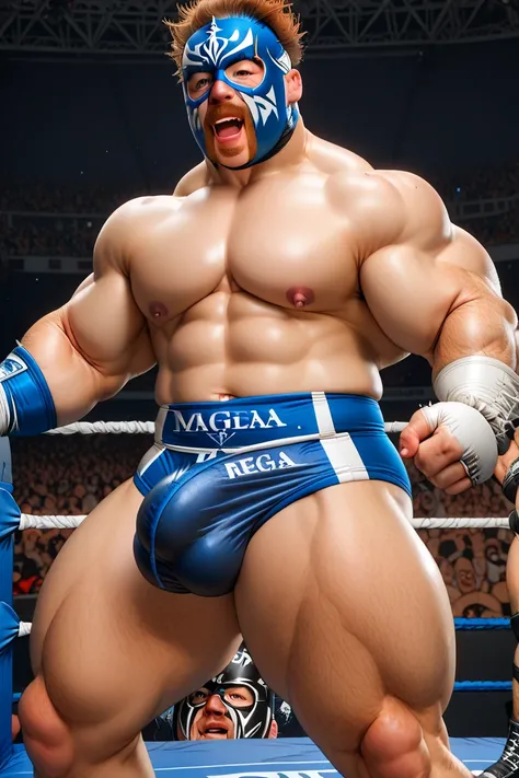 masked wrestler, huge crotch bulge, white lycra leggings, detailed penis bulge, two muscular wrestlers, masked wrestler and barefaced wrestler, in the ring, barefaced wrestler grabs masked wrestler's crotch, masked wrestler's face of pain, masked wrestler'...