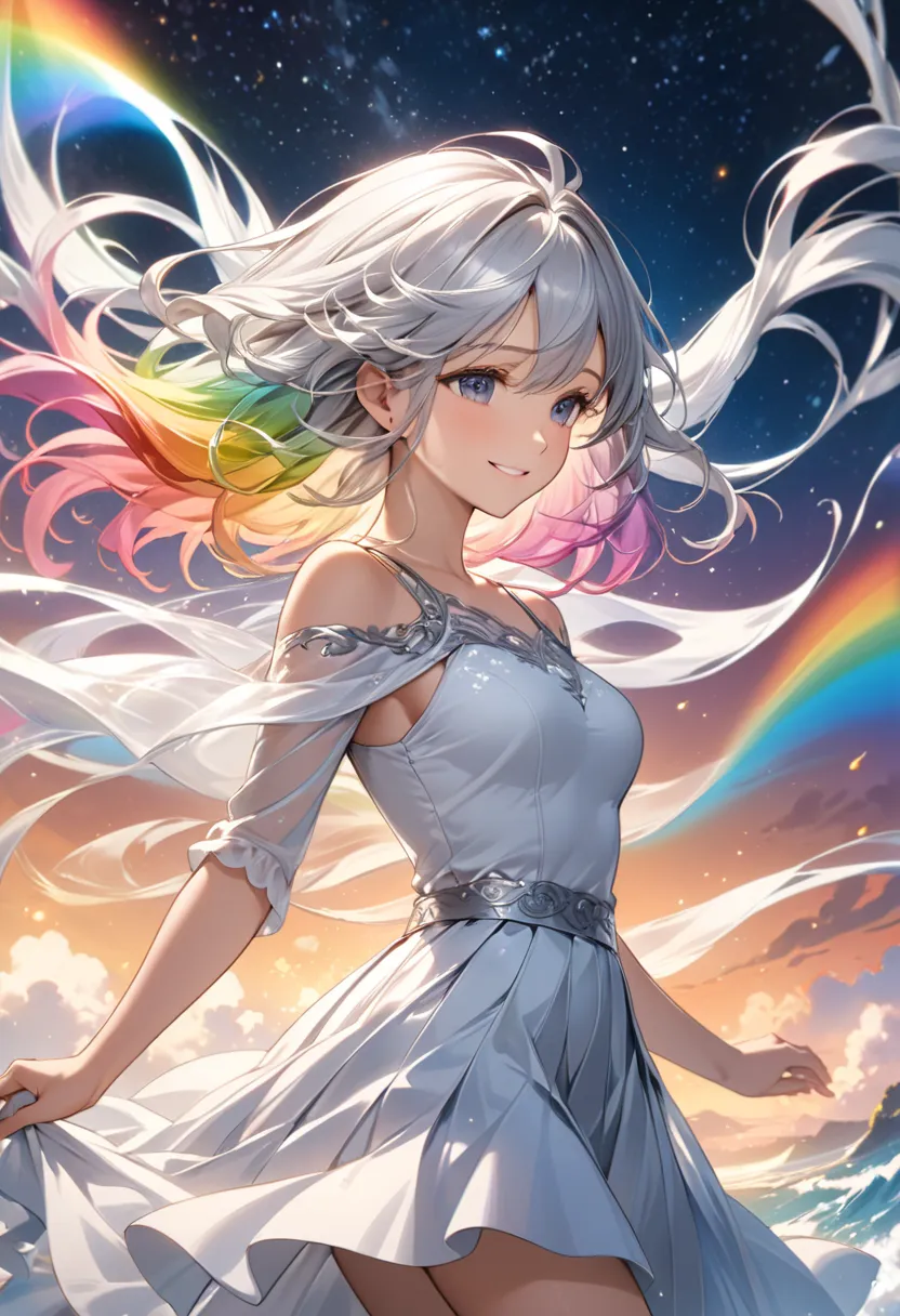 
         （Perfectly Correct Anatomy）「masterpiece、Best Quality、 Amazing Quality 」  Walking in the wind Fantastic A charming beautiful girl on the side head slightly tilted（close up）Silver white waves Gradient hair Gradient hair wind flowing up Soft smile S...