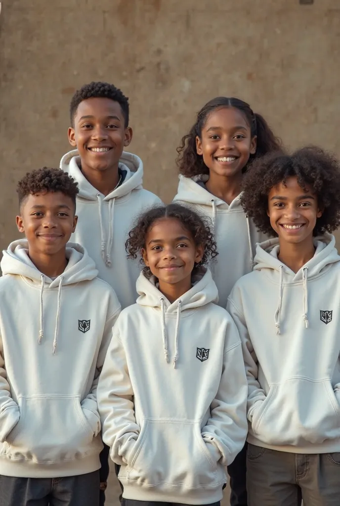 Realistic photo of a group of boys and girls wearing white hoodies with patches 