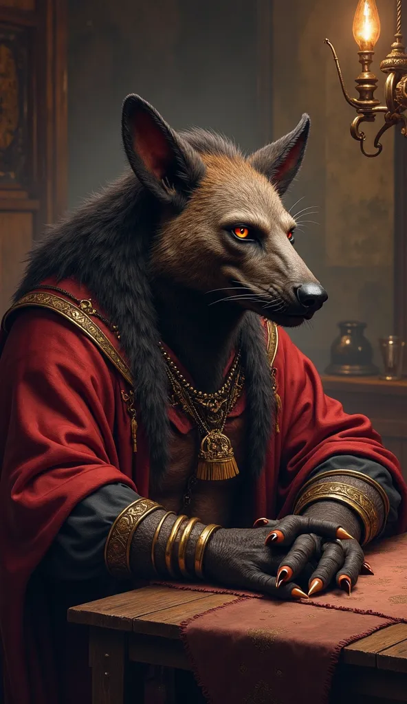 Character. A tall male gnoll with hyena's head, short ears, dark brown lying fur, golden eyes, claw-like nails, dark red aristocratic clothing with sleeves. Sits at a table in a tavern, dark lighting, looking to the side. Fantasy, Realism
