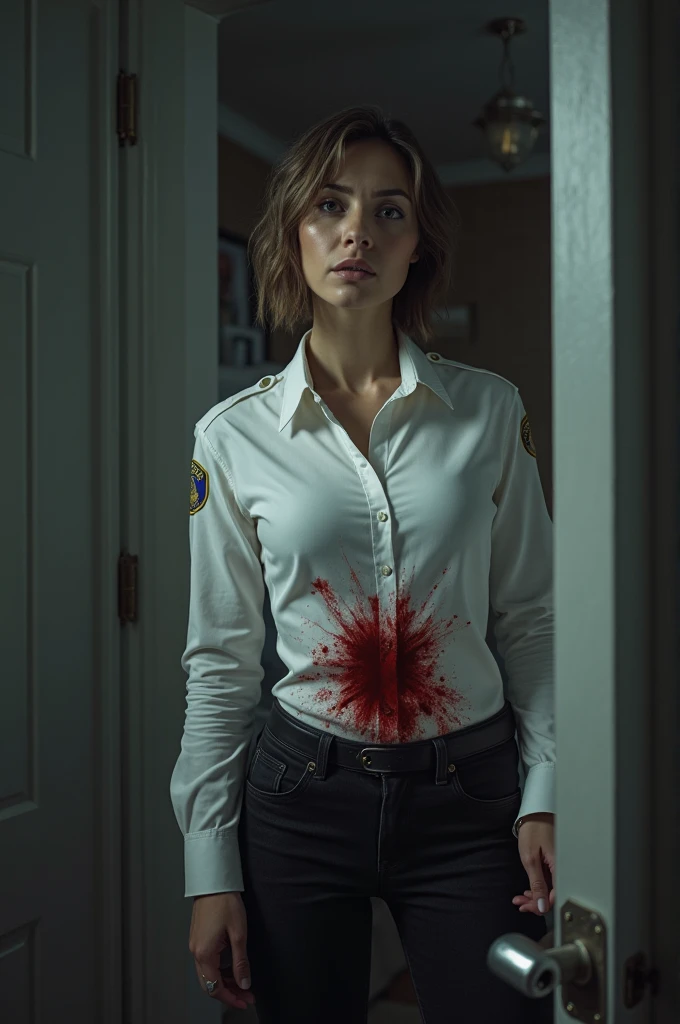 A policewoman wearing a tight white blouse with long sleeves in winter and black jeans enters her house and gets a knife in her stomach and bleeds