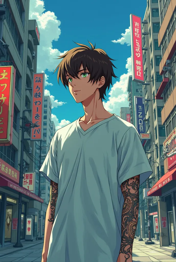 A young white man with medium long brown hair and green eyes, and arm tattoos is wearing a hospital gown and looking blankly off into the distance in a street, anime art style 