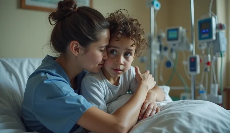 A compassionate young nurse with dark brown hair tied in a loose bun is sitting beside a hospital bed, gently comforting a scared young boy. She wears blue scrubs and has a caring expression as she wraps an arm around the . The boy, around 6-, has curly br...