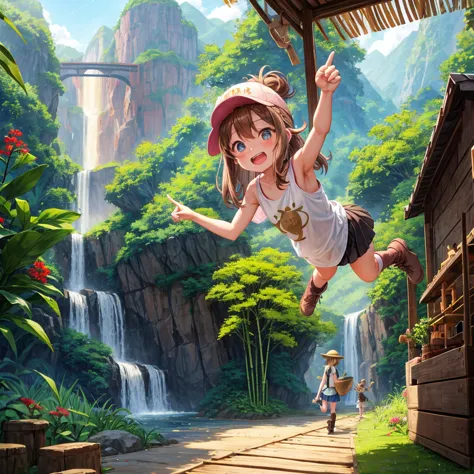 pink brown brown gold hair、 eye、  Has hair tied  、Two cute people、 Check Mini Skirt、  black t-shirt、 Light clothing、 tank top、 camisole、high socks、 Boots、 teeth inside、  The Road Is Crooked 、Mountain々、Stick together  、 bamboo forest、 chest pocket  、rock sa...