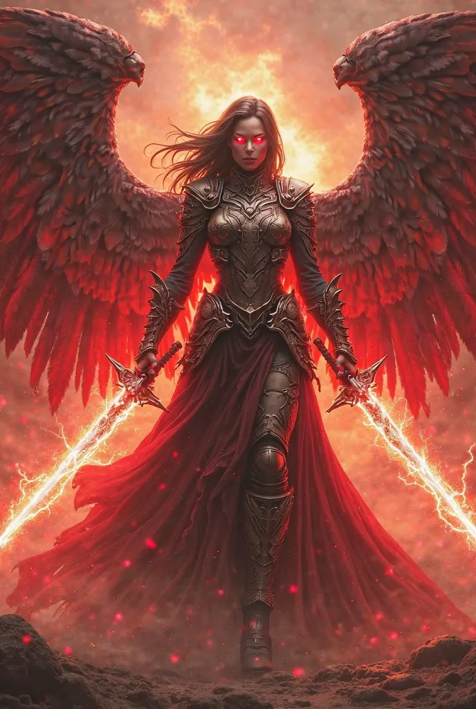 A woman in armor with a red aura with huge wings with two electric swords with eyes of fire