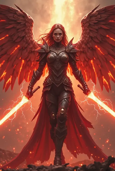 A woman in armor with a red aura with huge wings with two electric swords with eyes of fire