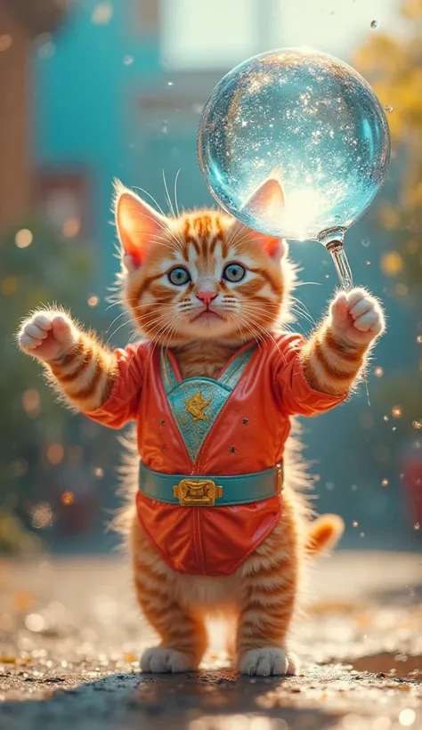 kitten (kitten cat orange, cute, dressed like power ranger), excludes a sufficiently large ball of water, as if ngin throwing it